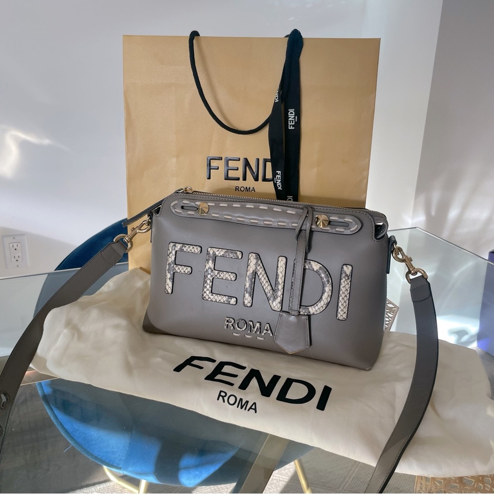 Fendi By The Way Medium Grey Leather & Python-Look Elaphe Boston Bag - Picture 12 of 14